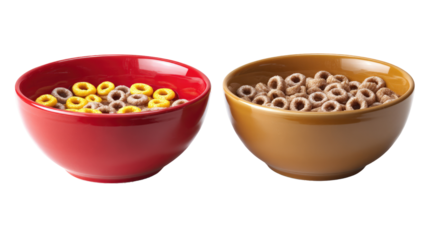 Two bowls of cereal.  Red bowl with yellow rings, tan bowl with light brown rings