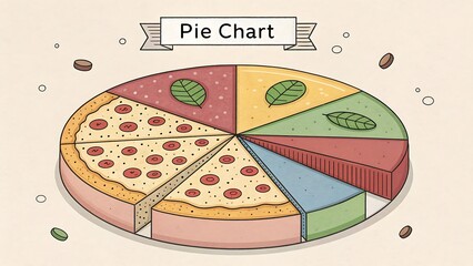 Colorful pie chart pizza slices with toppings food