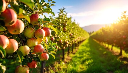 A sun-drenched orchard, laden with ripe apples