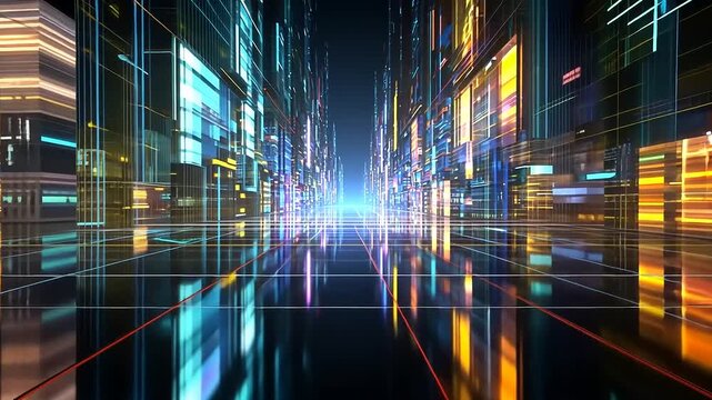 Futuristic cityscapes with vibrant digital lights and gridlines