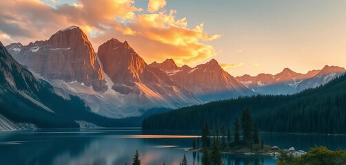 Golden hour light bathes majestic mountain peaks and tranquil lake at dawn,  serene,  view
