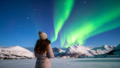 Woman gazing at the aurora borealis
