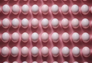 Uniform arrangement of light pink eggs on a soft pink background overhead view