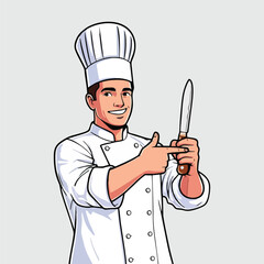 Naklejka premium Confident Cartoon Chef Pointing Knife Toward Camera with a Smile