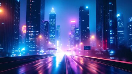 Neon-lit cityscape highway at night - Powered by Adobe