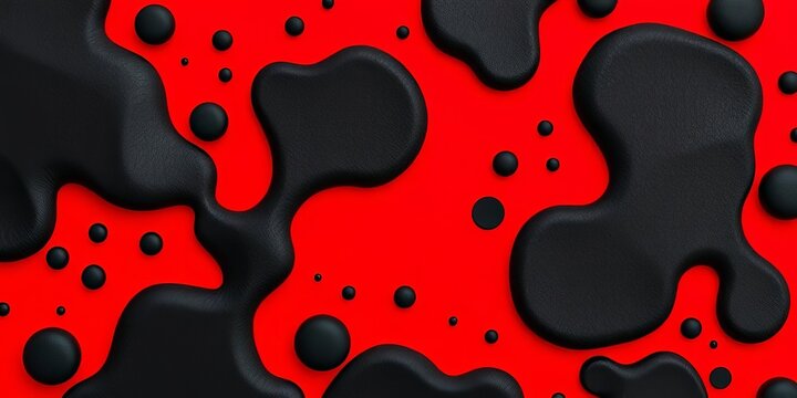 Textured black abstract shapes, amorphous drops, red background,  black,  vibrant