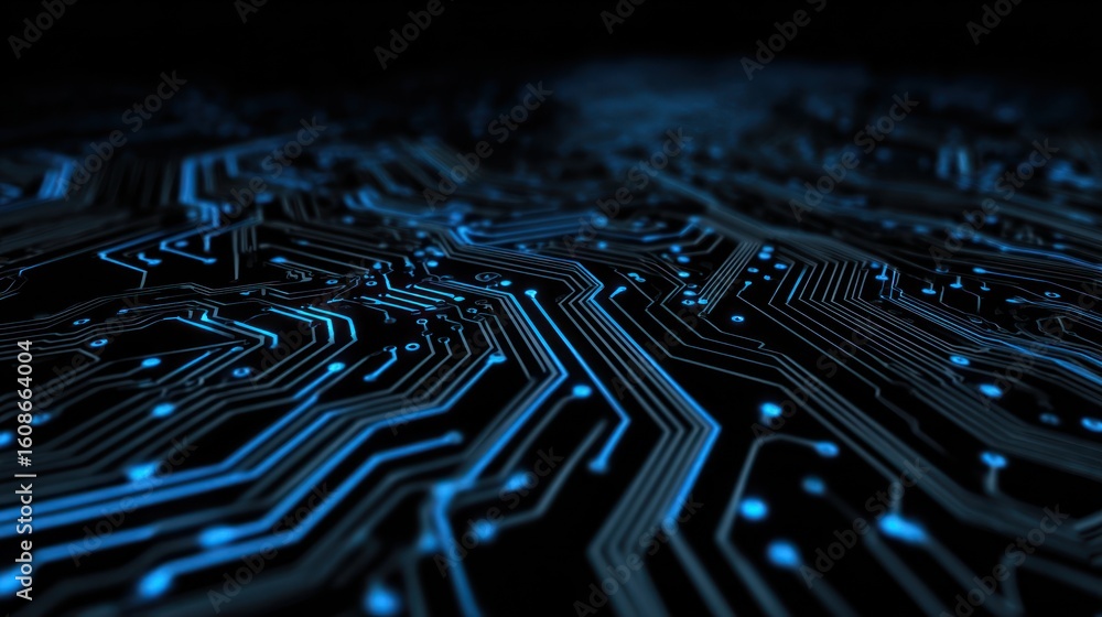 Poster a close-up of a blue circuit board, showing intricate pathways in a dark environment