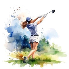 Woman golfing in watercolor style