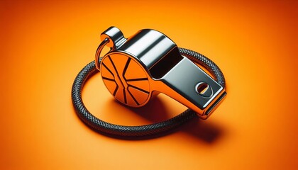 Steel whistle on orange background. Concept - Sports competition, referee.
