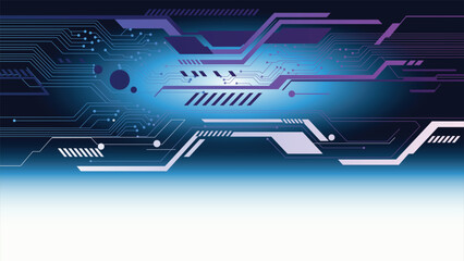 Abstract dark blue background with purple and light blue geometric cyber technology elements.