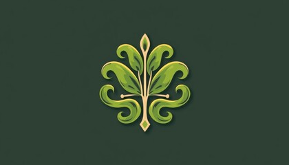 Elegant Green Leafy Swirl Emblem with Subtle Yellow Accents on Dark Green Background