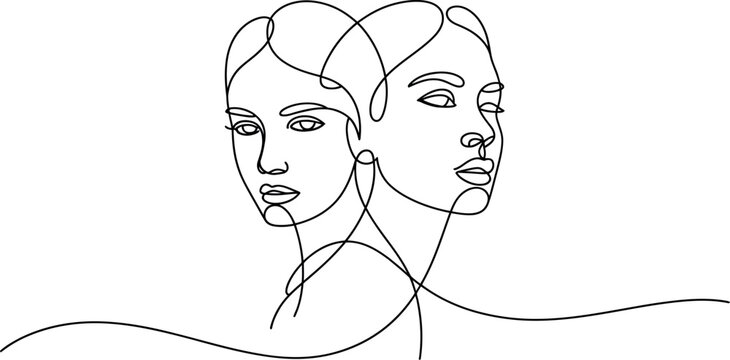 Abstract continuous line drawing of two facing female profiles