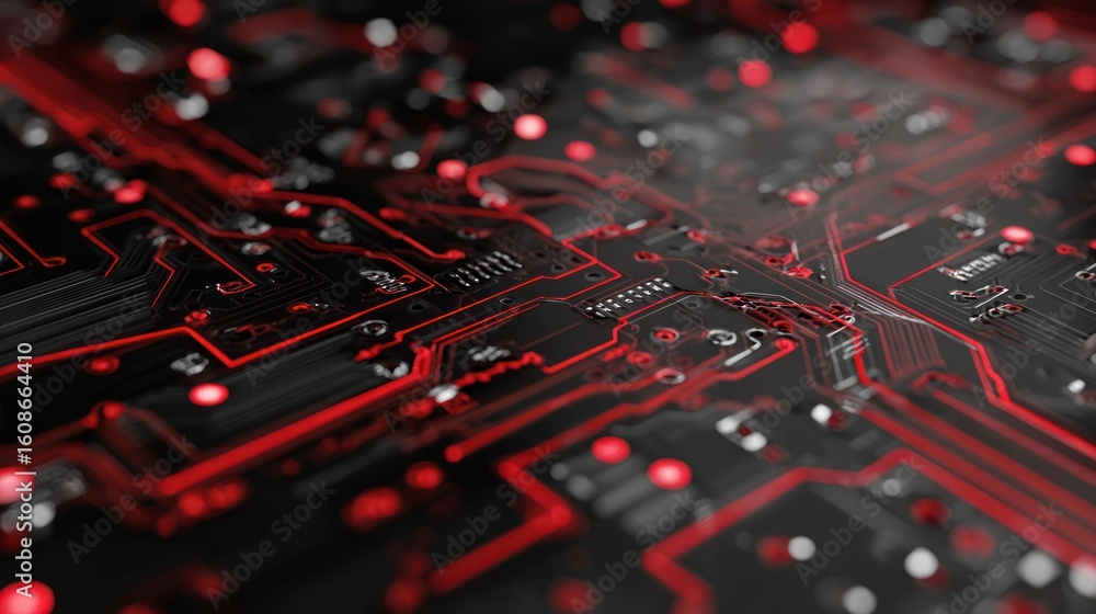 Poster close-up view of a circuit board, highlighted by bright red lines and lights