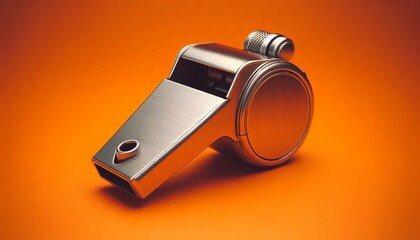 Steel whistle on orange background. Concept - Sports competition, referee.