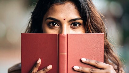 Woman hiding behind book