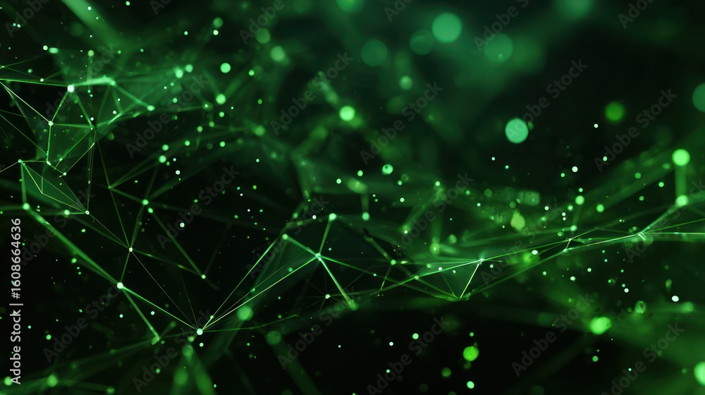 Poster abstract network of interconnected lines and points in shades of emerald green against a dark backgr