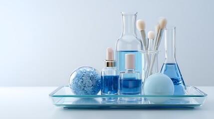 Bluethemed cosmetic bottles, bath bomb and makeup brushes placed on transparent tray in laboratory setting