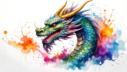 Colorful dragon head, watercolor style
