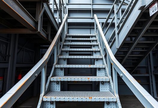 Grey steel industrial stairway, robust metal construction, treads, risers, weathered steel, utilitarian