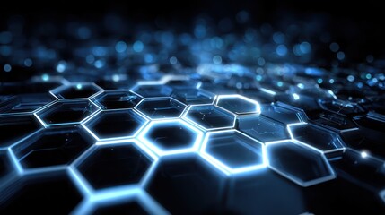 Naklejka premium Illuminated blue hexagons forming a digital, futuristic landscape. Selective focus creates depth