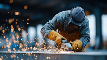 Metalworker in protective gear uses angle grinder, creating bright sparks in industrial setting