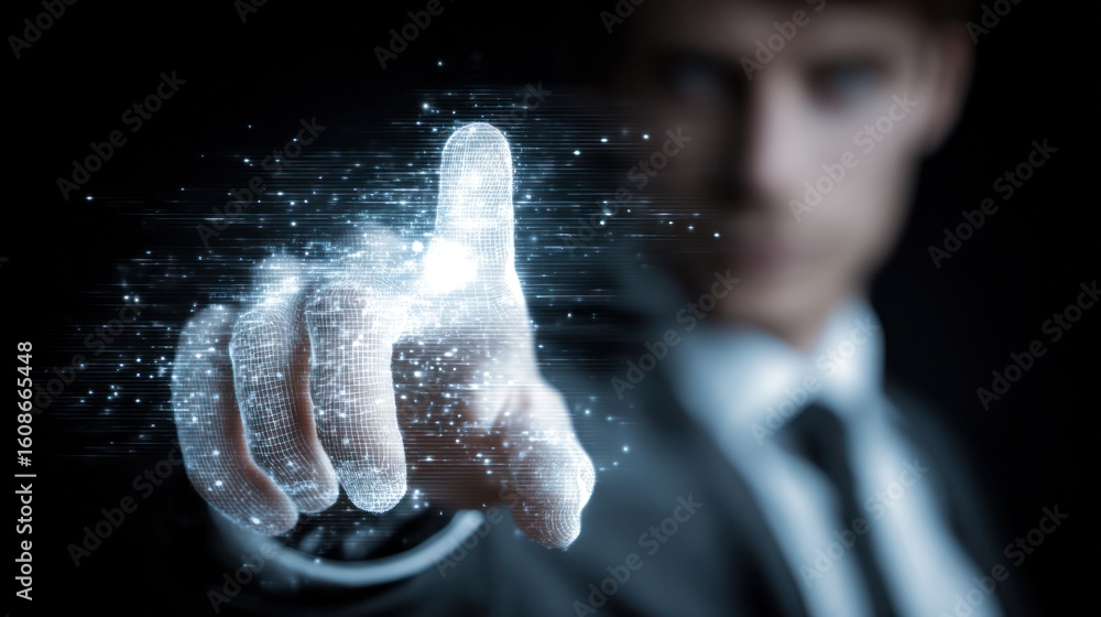 Aufkleber man touches interface; sparkling effects and sharp black suit