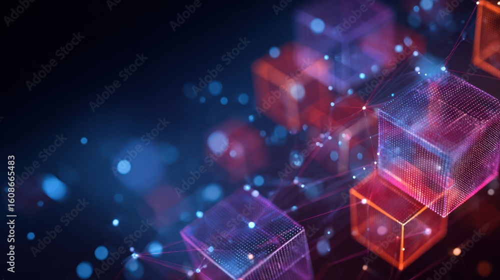 Poster interconnected, glowing cubes with blurred lights and linked by a network of lines