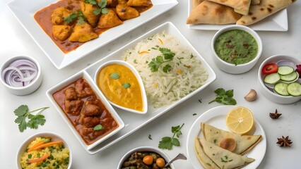 Collage of delicious meals with rice meat vegetables and soup served in bowls and plates