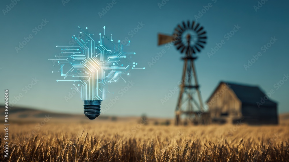 Poster a lightbulb with circuit board design hovers over a wheat field with a windmill and barn in the back