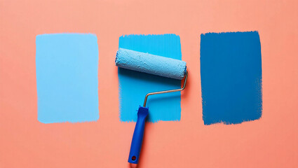 Obraz premium Paint roller applying blue paint to a peach surface