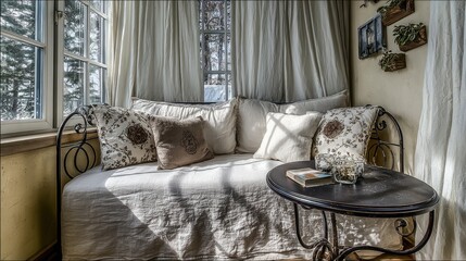 Cozy Provence-style living space with linen-covered sofa and decorative iron elements