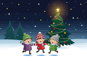 Cartoon children dancing in snowy night landscape with Christmas tree, festive winter scene with stars, pine trees, and holiday joy