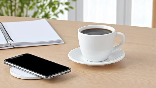 Wireless charging desk setup with smartphone on charger next to white coffee cup and open notebook on wooden surface in bright workspace
