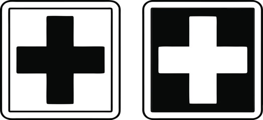 Health Services Signs. Black and White Vector Illustrations. Plus Sign Shows Where to Get Medical Help. Hospital Department Sign, Road Sign
