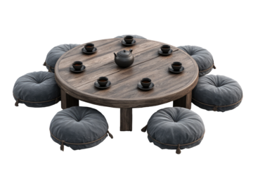 Round wooden table with grey cushions and tea set