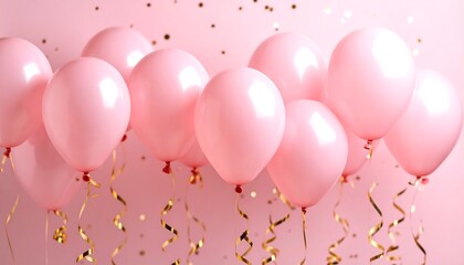 Pink balloons and gold confetti against a pale pink background
