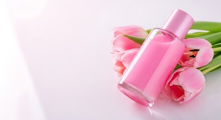 Pink perfume bottle and delicate tulips on a white surface