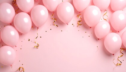Pink balloons and gold confetti on a pink background, creating a festive border