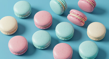 Obraz premium Assortment of pastel colored macarons on a blue background