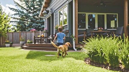 A joyful child runs with a playful dog in a sunny backyard, surrounded by lush greenery and a cozy home atmosphere. - Powered by Adobe