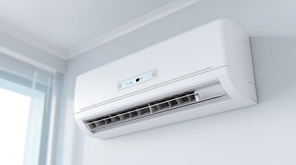 Modern White Air Conditioner Unit Mounted on Light Gray Wall Under White Ceiling Molding