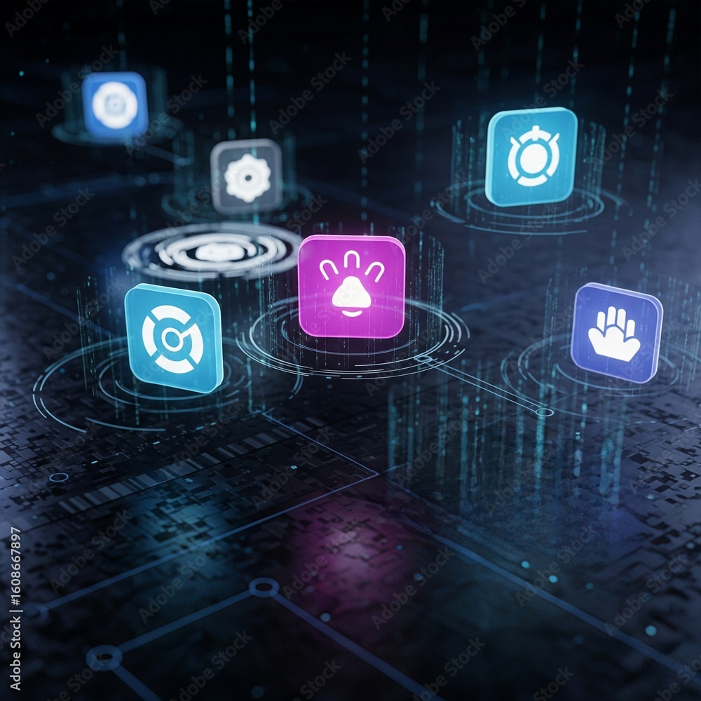 Aufkleber digital connectivity and communication network with abstract icons