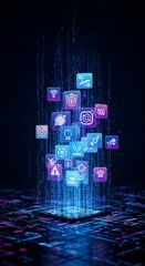 Digital Connectivity and Data Flow: Abstract Technology Background with Flying App Icons