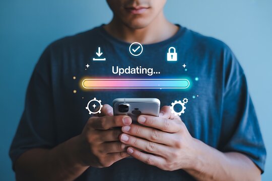 Person holding smartphone with updating progress bar and icons mobile technology