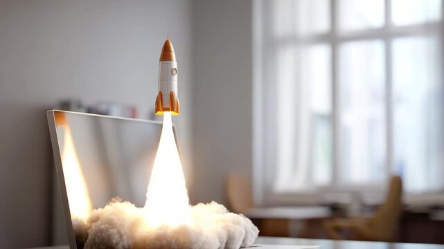 A rocket taking off from the laptop screen, smoke coming out of it