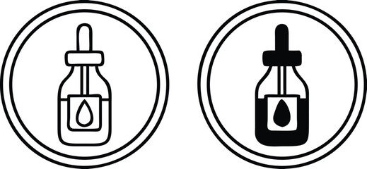 Serum Labels. Black and White Vector Icons. Glass Dropper Bottle With Skin Care. Sticker For Cosmetic Packaging. Skin Care Concept