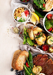 Family dinner table. Table full of homemade food.
