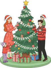 Cartoon family decorating Christmas tree with ornaments and gifts, festive holiday scene with children and parents in Santa hats