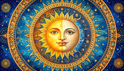 Obraz premium Ornate celestial mandala featuring the sun and moon