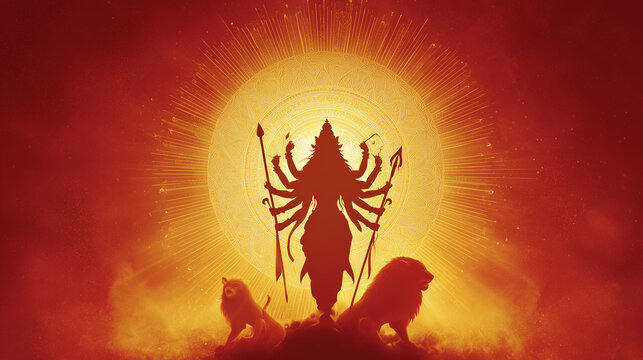 Maha Navami banner, radiant Goddess Durga standing in victorious pose with all ten weapons, lion mount glowing, dramatic red-to-golden yellow gradient background